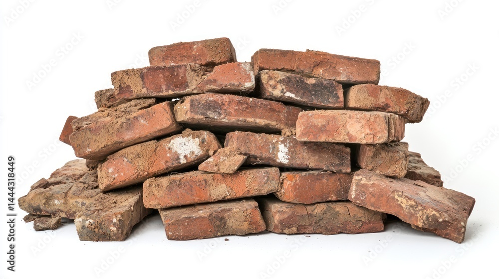 Broken brick wall with exposed mortar and loose bricks on white background. Broken brick wall with exposed mortar and loose bricks on white background.