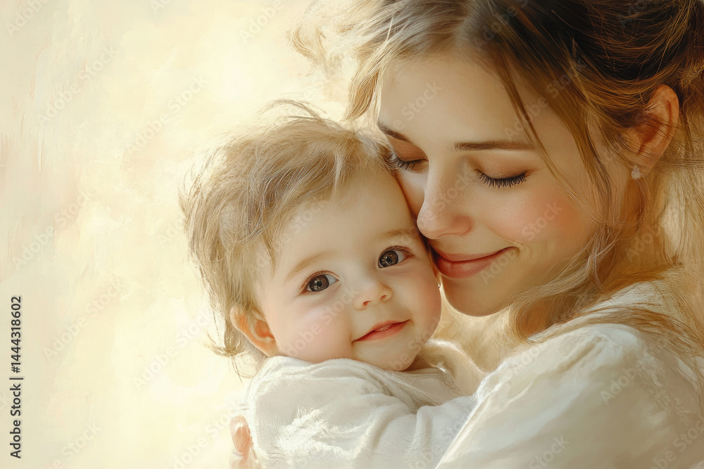Loving mother gently cradles her baby. Warm, soft light bathes the scene Loving mother gently cradles her baby. Warm, soft light bathes the scene