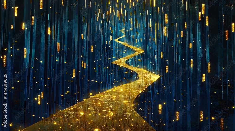 Obraz premium Serene stream of water flowing through a forest illuminated by soft yellow light creating a dreamlike and peaceful environment