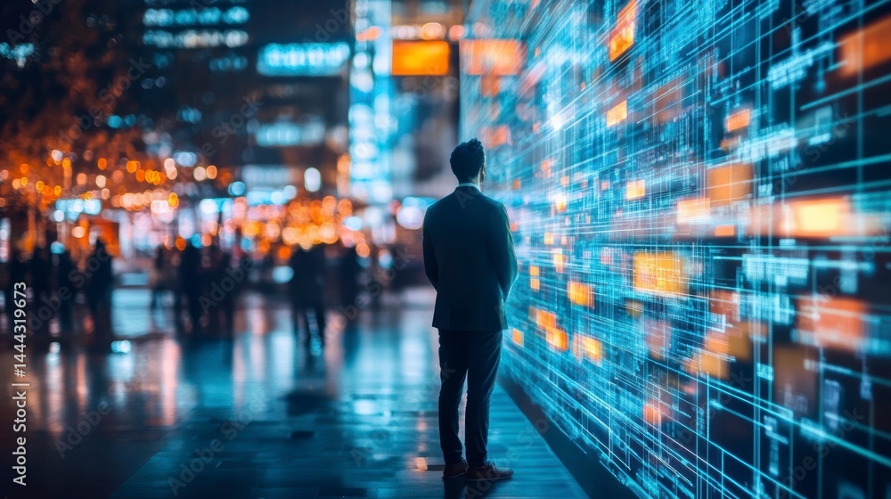 Man in suit facing digital data wall in city at night. Man in suit facing digital data wall in city at night.