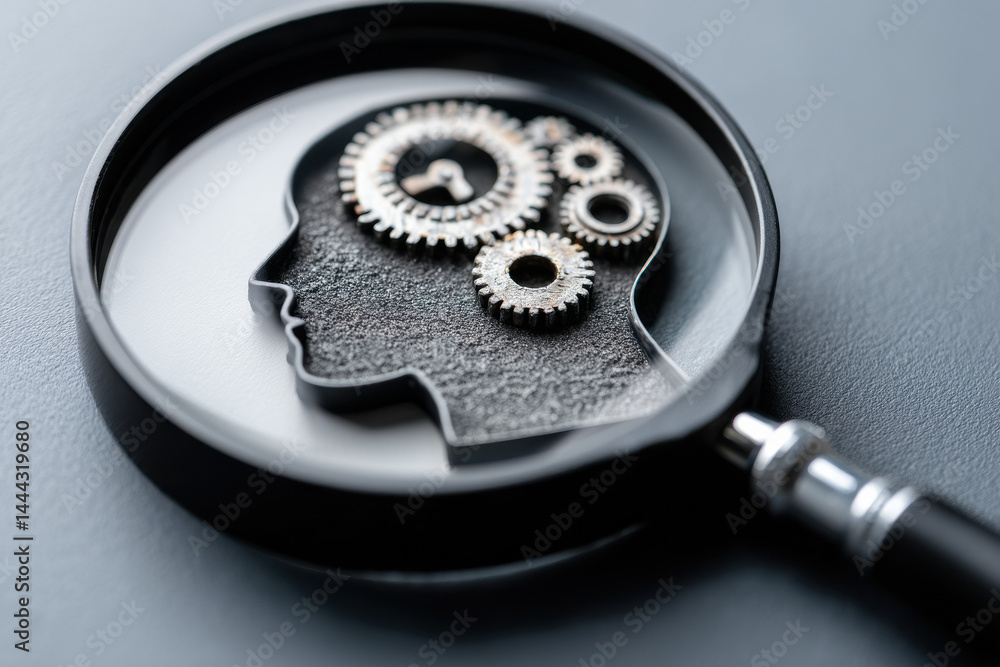 Naklejka premium Magnifying glass focused on gears inside head silhouette representing talent discovery, intellectual growth, and cognitive analysis