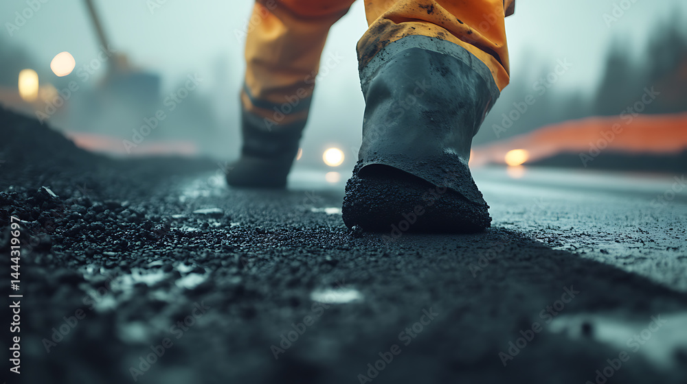 Construction Worker Walking on Fresh Asphalt Construction Worker Walking on Fresh Asphalt