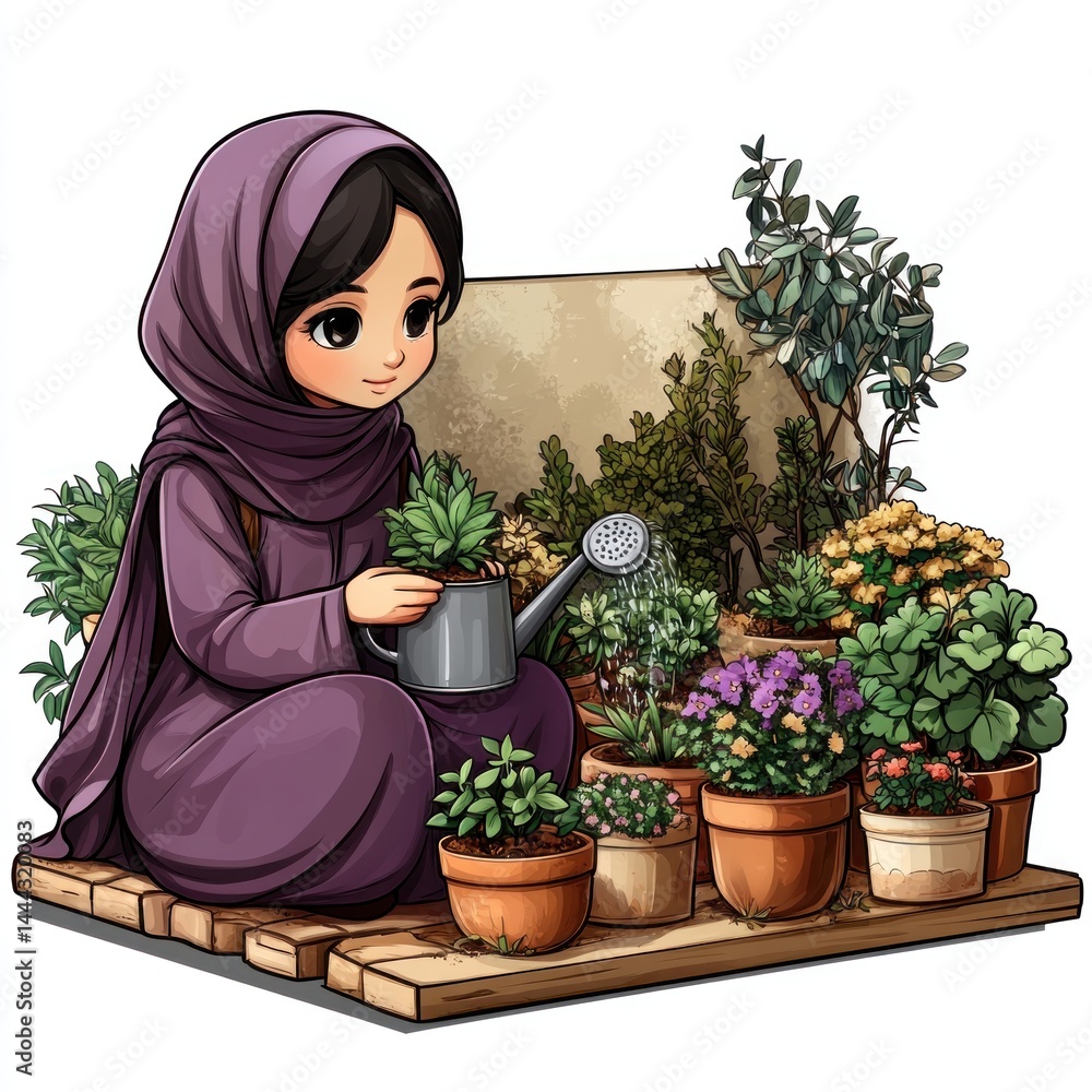 A Young Woman in a Purple Hijab Tenderly Waters Her Vibrant Garden, a Scene of Tranquility and Natural Beauty