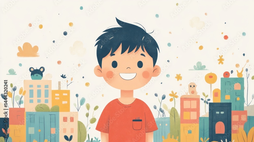 Joyful Boy in a Whimsical Cityscape Illustration