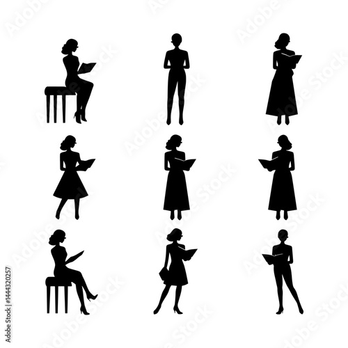 Librarian Silhouette Reading Book – Vector Set