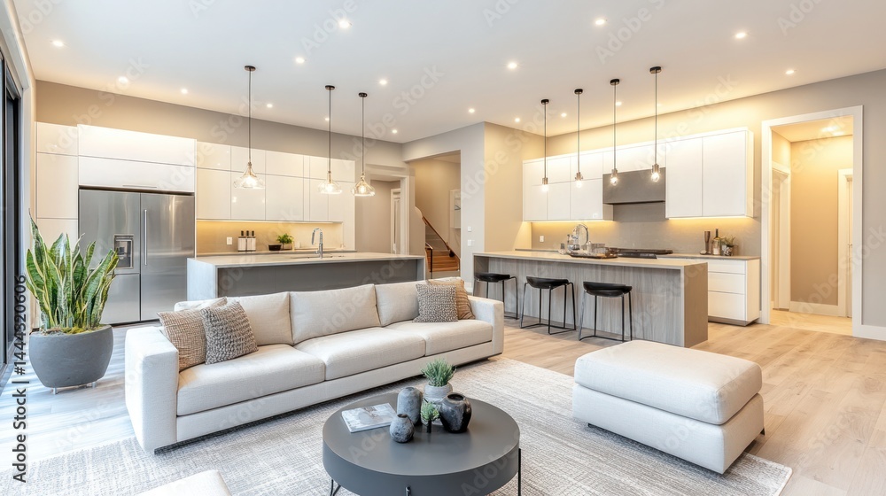 Fototapeta premium Modern living room and kitchen with sleek design