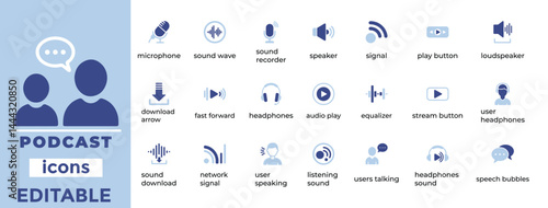 Editable podcast vector icons for media, audio, and broadcasting projects with a clean, modern, and minimal design style