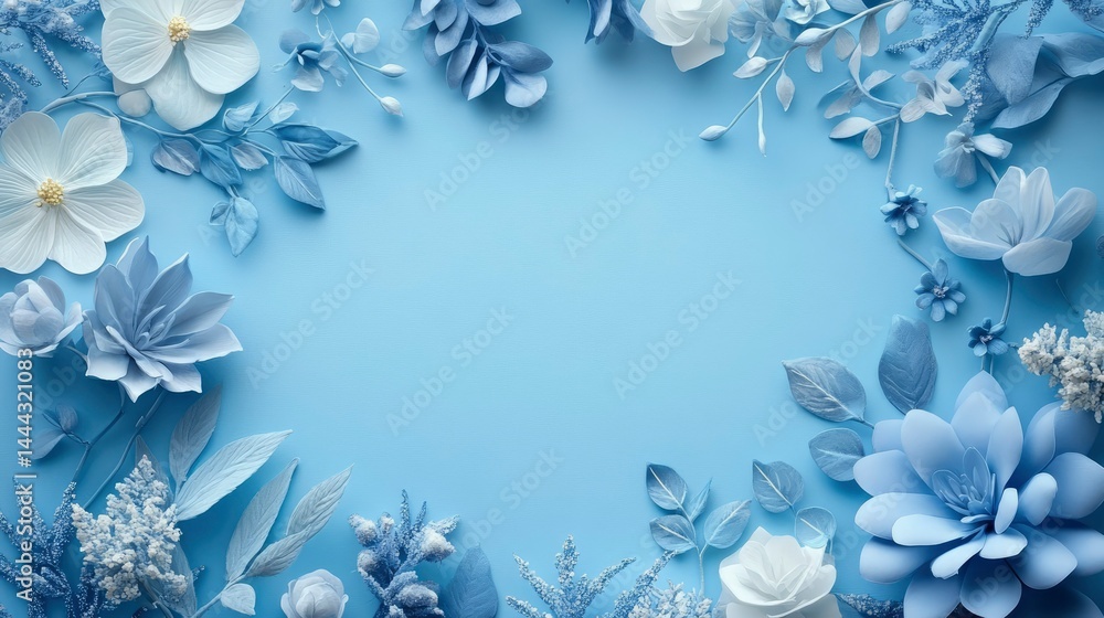 Serene Blue Floral Frame Elegant Paper Flowers on Pastel Background Serene Blue Floral Frame Elegant Paper Flowers on Pastel Background