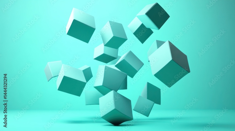 Abstract illustration of light teal cubes in mid-air. Abstract illustration of light teal cubes in mid-air.