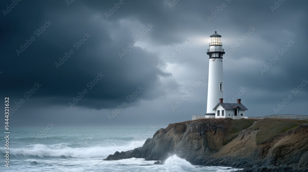 Powerful storm clouds gathering over rugged coastal lighthouse, dynamic dramatic lighting Powerful storm clouds gathering over rugged coastal lighthouse, dynamic dramatic lighting