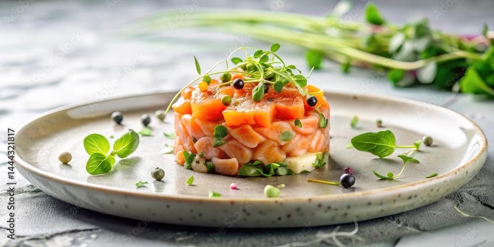 Fresh salmon tartare salad with elegant garnishes and microgreens on a marble plate, salad, presentation, salad Fresh salmon tartare salad with elegant garnishes and microgreens on a marble plate, salad, presentation, salad
