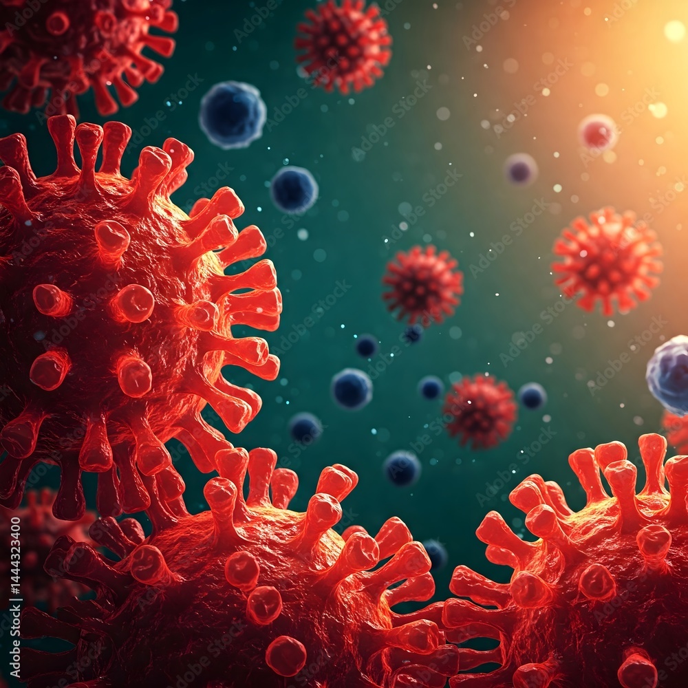 A 3D illustration of red, spiky virus particles floating in a greenish-blue background with smaller blue and red cells, illuminated by a soft glow. A 3D illustration of red, spiky virus particles floating in a greenish-blue background with smaller blue and red cells, illuminated by a soft glow.