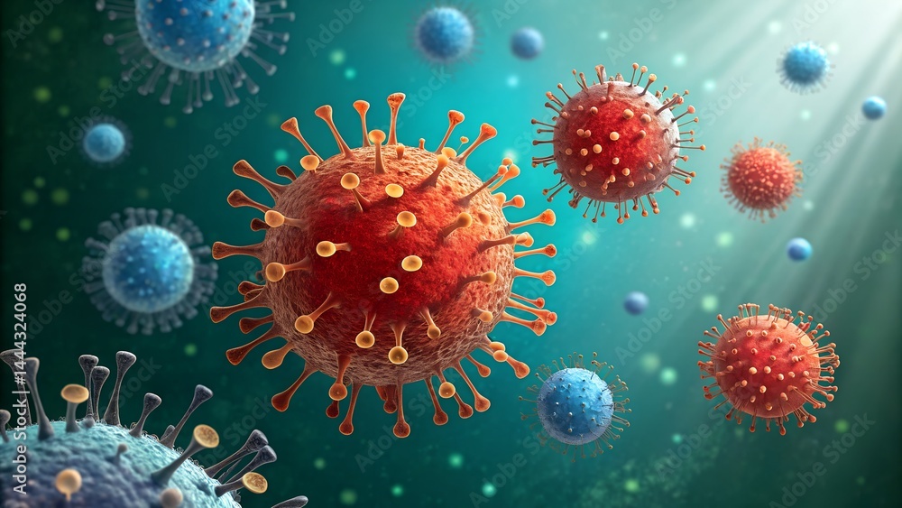 A 3D illustration of red, spiky virus particles with yellow spikes, surrounded by smaller blue and red cells in a teal background. A 3D illustration of red, spiky virus particles with yellow spikes, surrounded by smaller blue and red cells in a teal background.