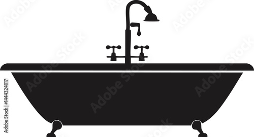 Vector Vintage Bathtub Silhouette with Classic Clawfoot Design and Retro Faucet on White Background