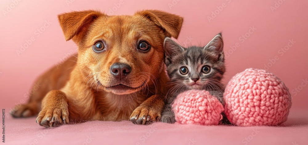 Adorable Puppy and Kitten Posing Together on Pink Background
