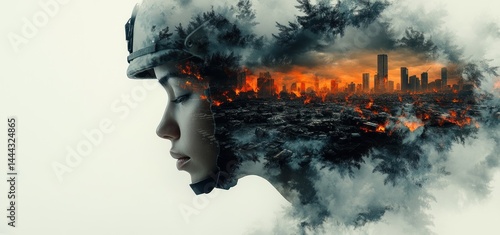 Obraz na płótnie Inner Turmoil: A Soldier's Mind Amidst Urban Devastation w salonie