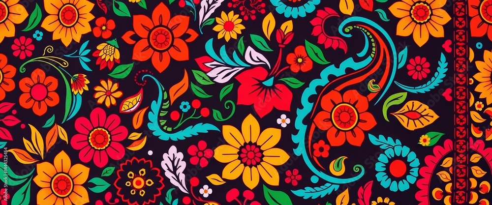 Intricate African-inspired floral paisley and geometric pattern in vibrant colors , colorful, motif Intricate African-inspired floral paisley and geometric pattern in vibrant colors , colorful, motif