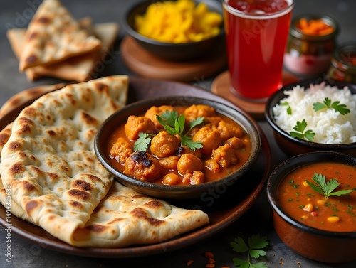 A spread of Indian food with curry, naan, and drinks