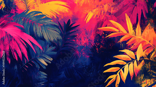 Tropical nature design featuring green palm tree leaves and branches silhouette against a summer sunset sky