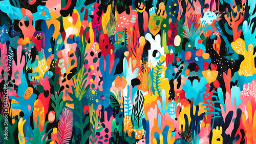 Striking seamless pattern design with abstract colorful shapes and vibrant floral elements