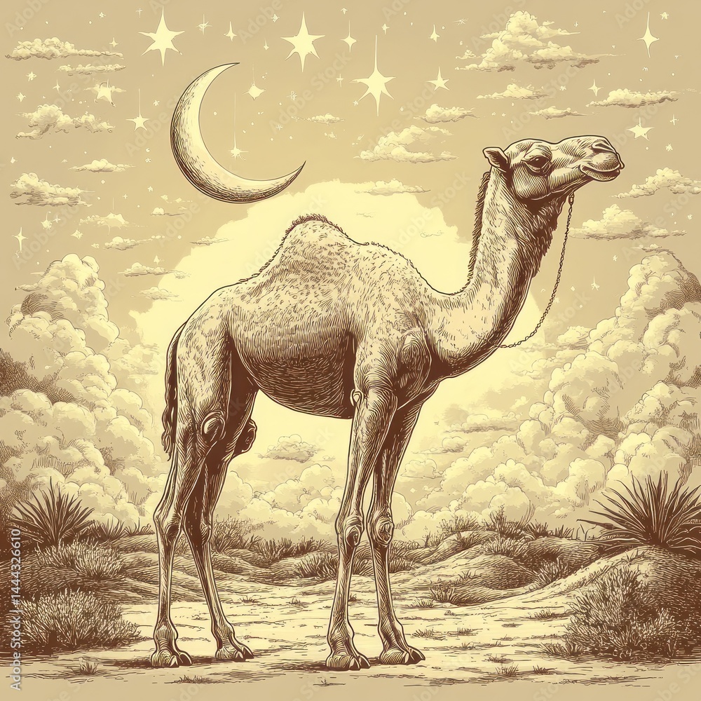 Nocturnal Camel Under a Crescent Moon