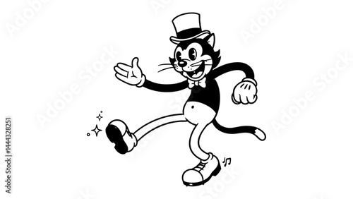 Rubber hose style cat wearing a top hat and tap dancing with big white gloves and shiny shoes