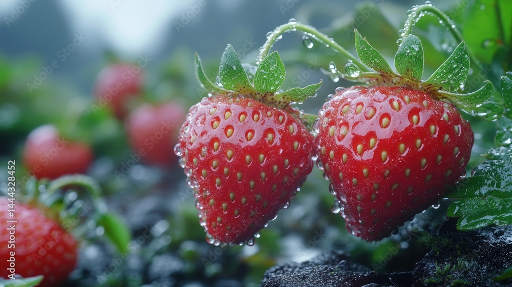 Juicy Strawberries glistening with morning dew, a vibrant display of nature's sweetness.
