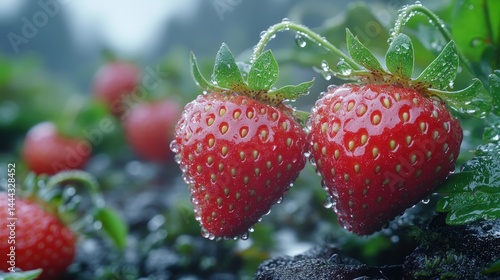 Obraz na płótnie Juicy Strawberries glistening with morning dew, a vibrant display of nature's sweetness. w salonie