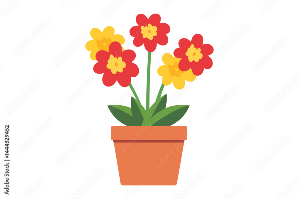 A cheerful illustration of three primroses, one red, two yellow, in a terracotta pot. A cheerful illustration of three primroses, one red, two yellow, in a terracotta pot.