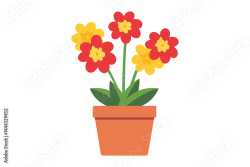 A cheerful illustration of three primroses, one red, two yellow, in a terracotta pot. 