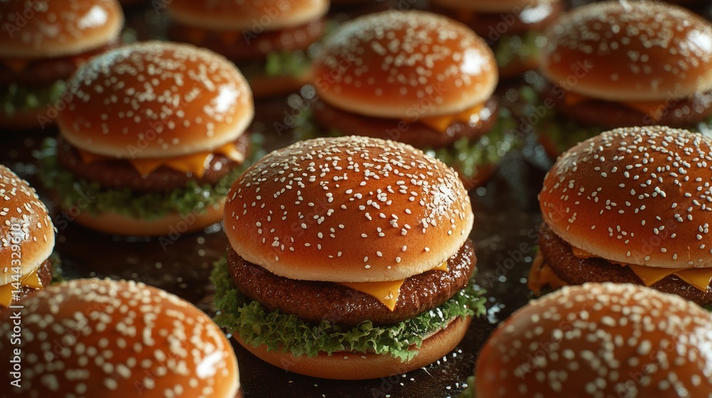 Close-up of Juicy Cheeseburgers with Sesame Seed Buns Close-up of Juicy Cheeseburgers with Sesame Seed Buns