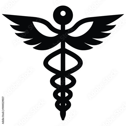 Black And White Caduceus Medical Symbol Design Illustration On A White Background.