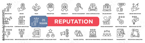 Reputation management icon collection set. Containing reputation, brand, trust, perception, online presence, public image, credibility icon. Simple line vector.
