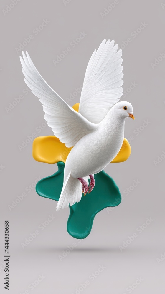 Fototapeta premium A minimalist abstract depiction of a white dove in flight rising upward through a surreal geometric environment of green and yellow shapes