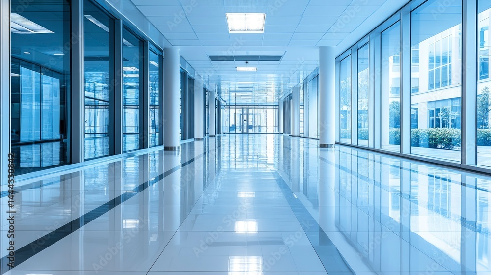 Modern Office Corridor with Large Windows and Polished Floors Modern Office Corridor with Large Windows and Polished Floors