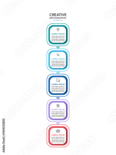 Creative infographic template featuring a vertical series of five connected rounded squares with a gradient from teal to red outlines. Each square contains an icon and text space. Vector illustration.