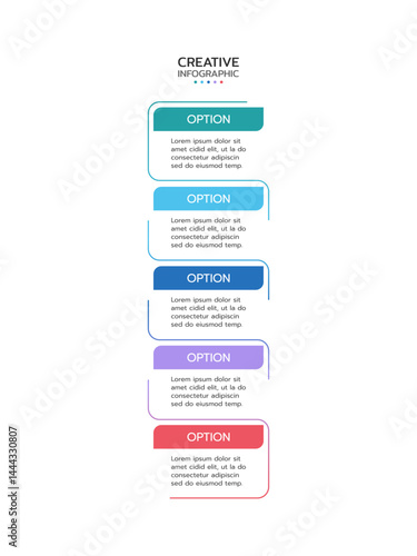Creative infographic template featuring a vertical series of five connected rounded squares with a gradient from teal to red outlines. Each square contains an icon and text space. Vector illustration.
