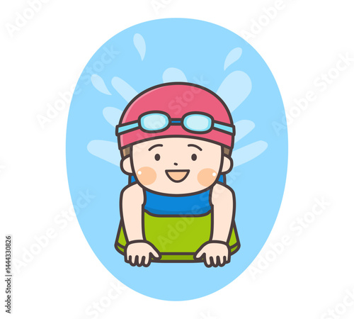 ビート板で泳ぎを練習する子どものイラスト