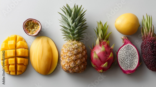 Exotic Fruits Display: A colorful array of fresh exotic fruits, meticulously arranged to showcase their unique shapes, textures, and vibrant hues.