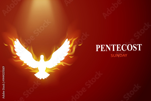 Pentecost sunday abstract banner with dove flaying, pentecost fire.Horizontal poster. Website header. Social media post, prayer card