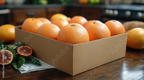 Obraz na płótnie A Cardboard Box Filled with Fresh, Juicy Oranges Ready for Delivery w salonie