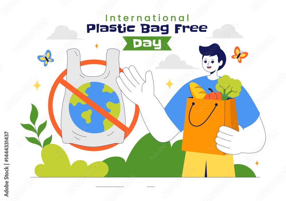 Fototapeta premium International Plastic Bag Free Day Vector Illustration on July 3 Featuring Go Green Message, Save the Earth and Ocean Theme in Eco Friendly Lifestyle