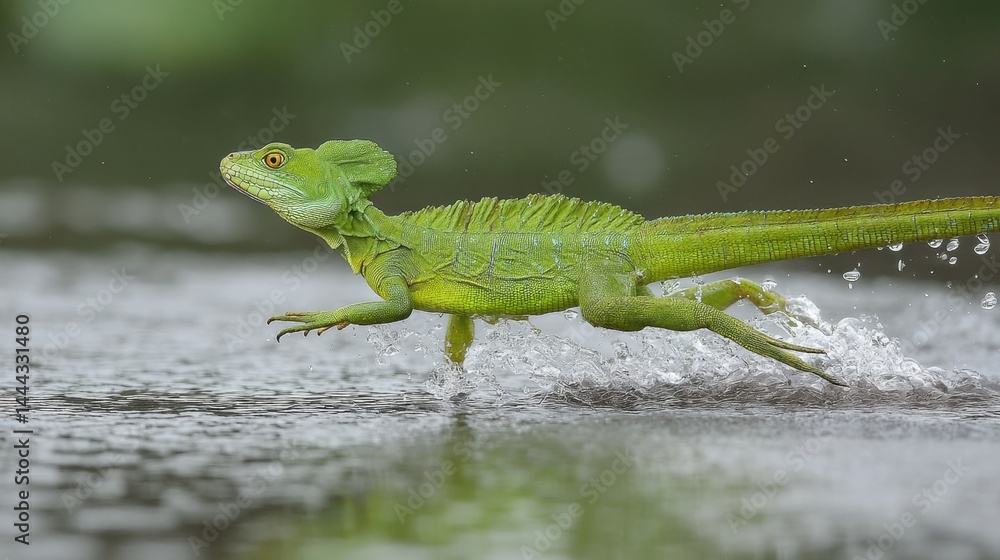 Fototapeta premium Basilisk Lizard Running on Water: Agile Wildlife in Motion