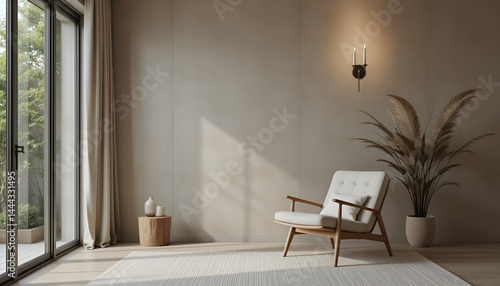 Cozy minimalist living room with mid-century modern armchair  soft ambient lighting  textured walls  and glass doors  styled in neutral tones for serene  elegant interior inspiration.