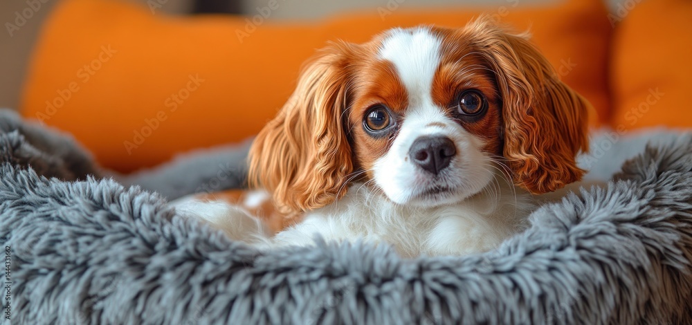 Adorable Cavalier King Charles Spaniel Puppy Relaxing in Cozy Bed