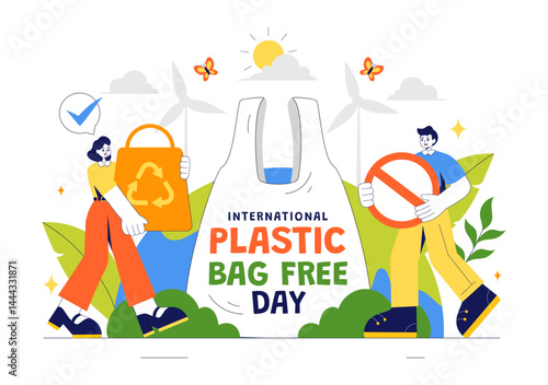 International Plastic Bag Free Day Vector Illustration on July 3 Featuring Go Green Message, Save the Earth and Ocean Theme in Eco Friendly Lifestyle