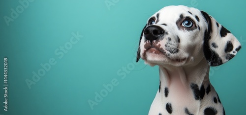 Adorable Dalmatian Puppy Gazing Upwards Against a Teal Background