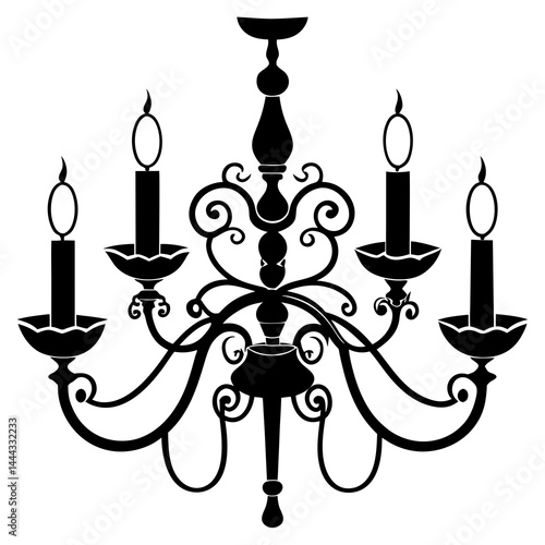 Silhouette of an elegant chandelier with candles, detailed curves and ornate design