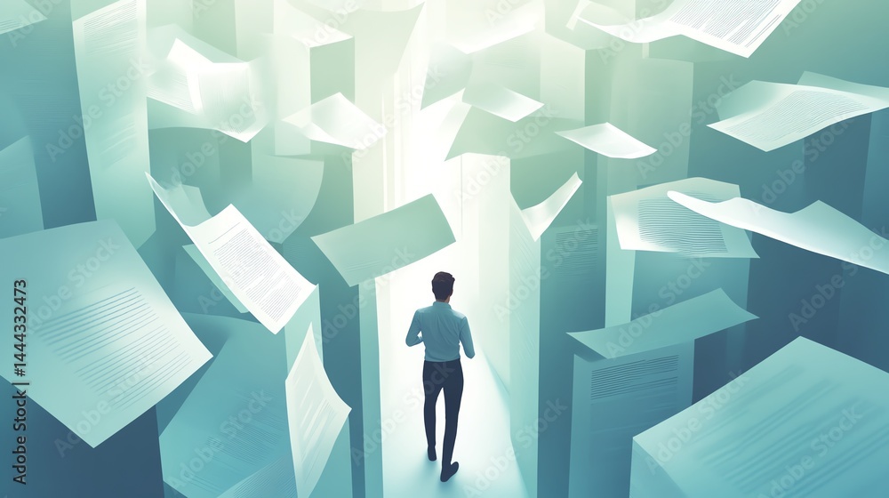 A person walks through a maze of floating documents and papers, symbolizing information overload or navigating bureaucracy. A person walks through a maze of floating documents and papers, symbolizing information overload or navigating bureaucracy.