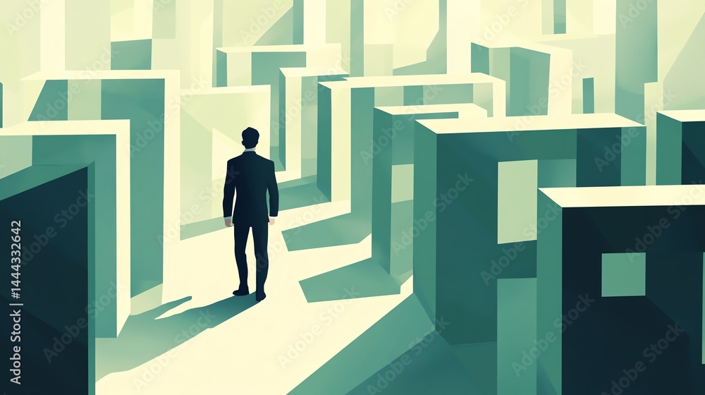 A man in a suit stands in a geometric maze, bathed in soft light, appearing contemplative and alone. A man in a suit stands in a geometric maze, bathed in soft light, appearing contemplative and alone.